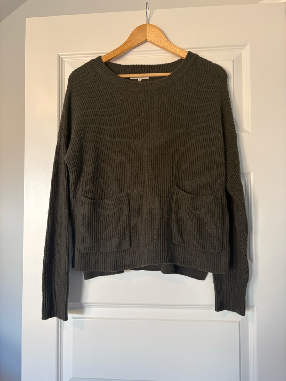 Madewell Ribbed Knit Pullover Sweater Olive Crew Neck Pockets Size Medium